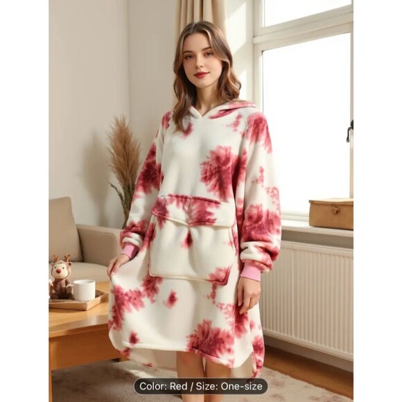 comfy sherpa red wearable blanket oversized cozy lounge fleece blanket hoodie - Picture 5 of 6